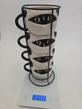 Halloween Mummy Cat Eye Stacking Mugs Set of 4 Ceramic Metal Rack 13 oz